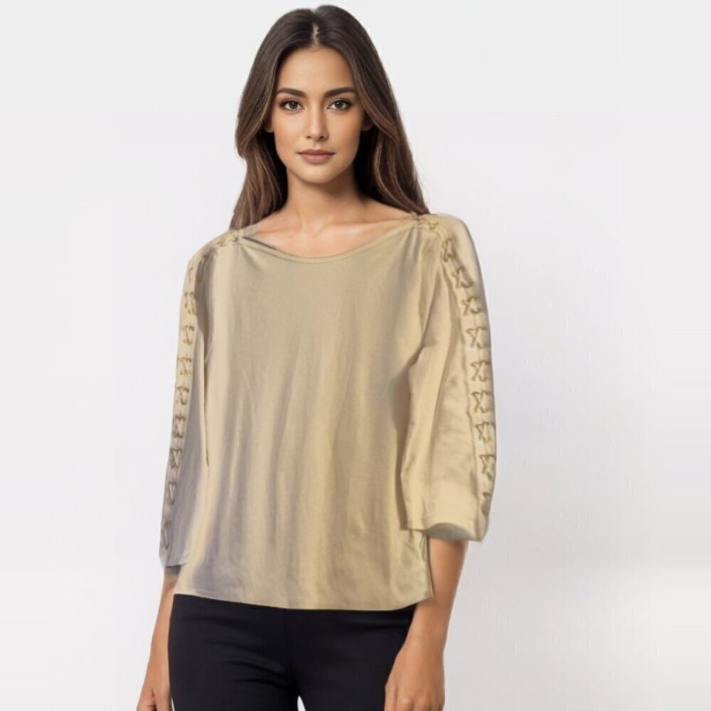 Lauren Ralph Lauren cream long slv lace up detail top